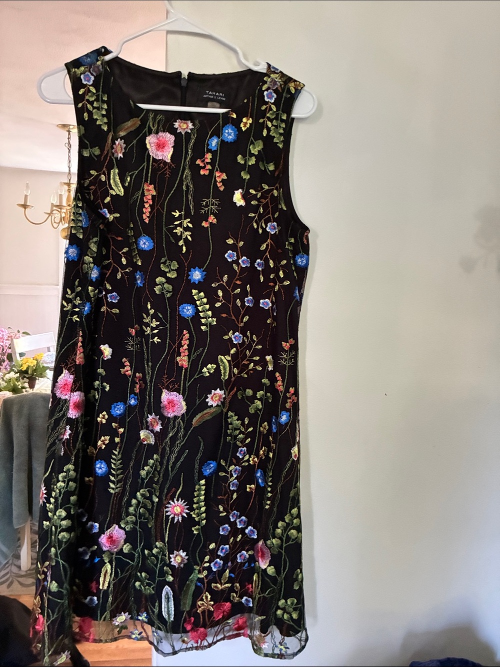 Tahari Black Floral Embroidered Midi Dress 10 Sheer hem on bottom that is unique